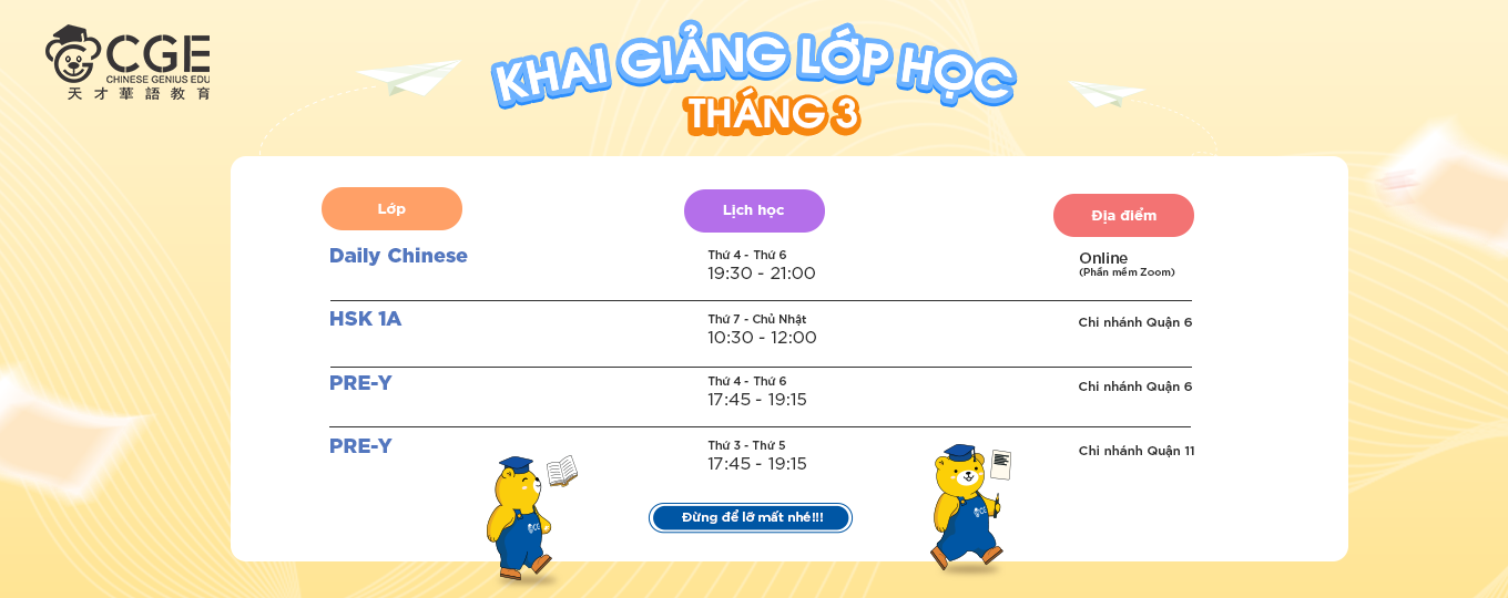 THÔNG BÁO KHAI GIẢNG LỚP HỌC TIẾNG TRUNG THÁNG 3 TẠI CGE